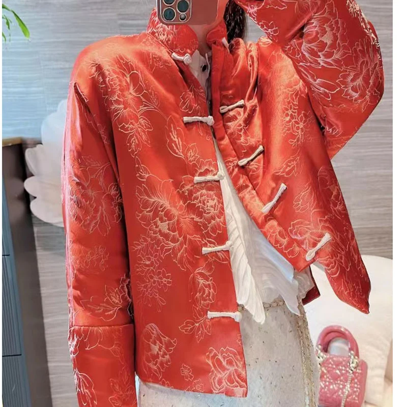 

High Quality Vintage Stand Collar Orange Rayon Jacquard Lady Cotton Jacket Winter New Year Elegant Single Breasted Coat S-XL