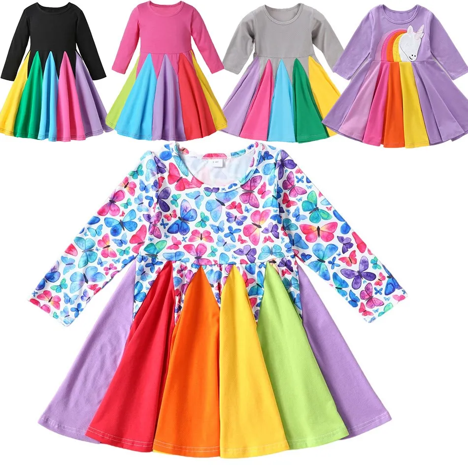 

Baby Skater Dress Toddler Fall Swing Flared Outfits Girls Twirly Clothes Kids Rainbow School Playwear Pullover Birthday Clothing