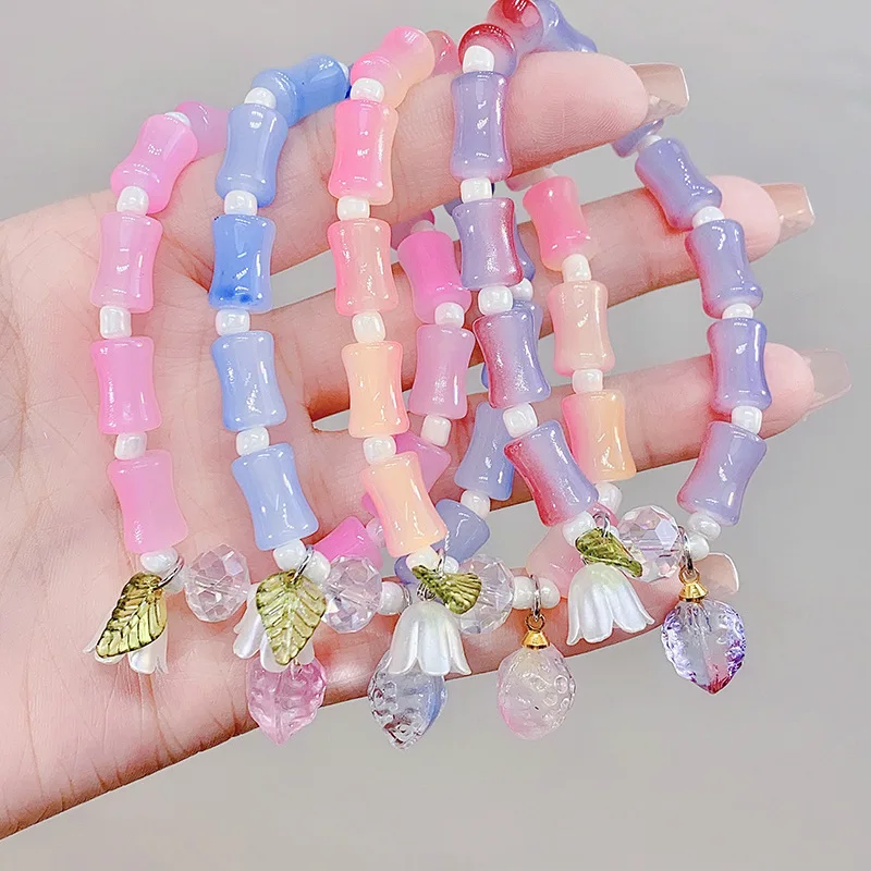 

New Fairy Lily of the Valley Flower Pendant Bracelet for Women Temperament Colorful Resin Beaded Elastic Bracelet Wrist Jewelry