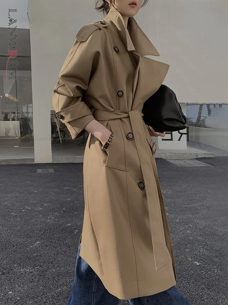 

[LANMREM] High End Women's Trench Coat Belt Lapel Long Sleeves Double Breasted Pockets Split Windbreaker 2023 Autumn New 26D6396