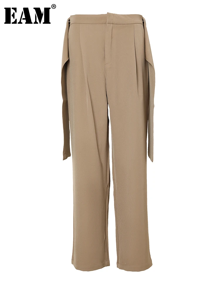 

[EAM] High Waist Khaki Bandage Elegant Long Wide Leg Pants New Loose Fit Trousers Women Fashion Tide Spring Autumn 2023 1DF3065