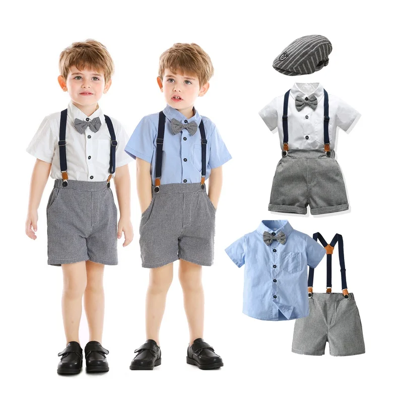 Baby Clothes Boy Gentleman Boys  for Kids Wedding Short Sleeve Shirt Tops + Suspender Pants Formal  Birthday Outfit