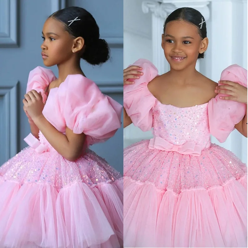 

White A-Line Puff Short Sleeves Flower Girl Dresses For Weddings Kids Birthday Evening Party Sequins Vestidos