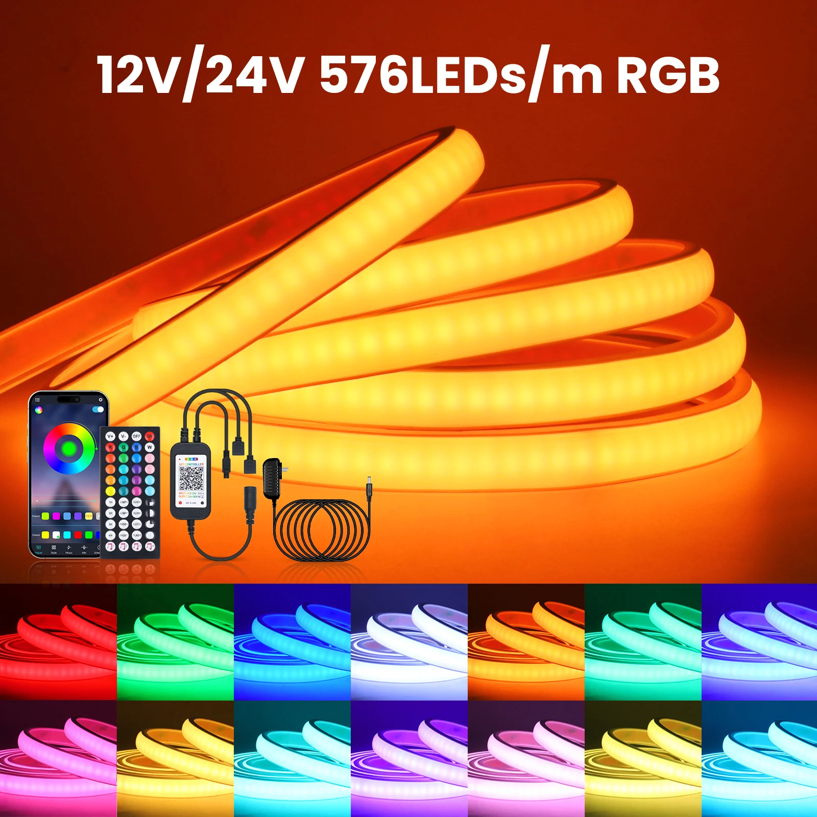 Фото 44-клавишный Bluetooth RGB COB LED неоновый светильник с пультом ДУ, комплект питания EU/US/UK/AU, 12В/24В, гибкая светодиодная лента 576 LED, 0.5м/1м/2м/5м/10м №4
