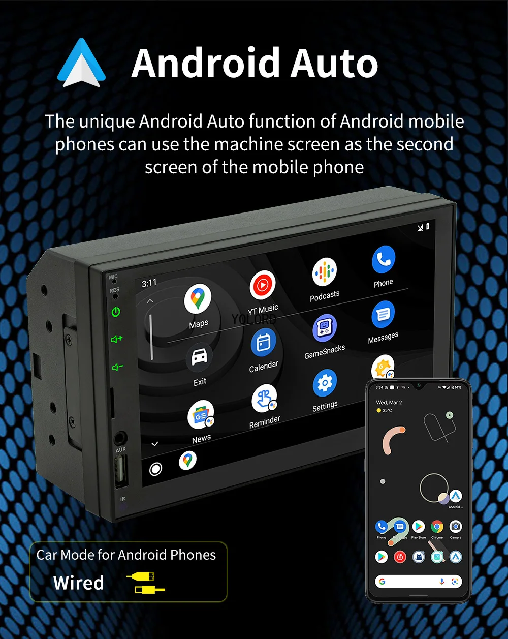2 Din Car Audio 7-дюймовый QLED-дисплей Android MP5 Беспроводной Auto CarPlay Сенсорный экран