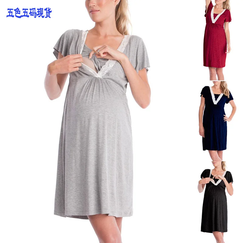Maternity Robe For Hospital Nightgown Pregnant Women Nursing Nightwear Pajama Lace Sleepwear Dress