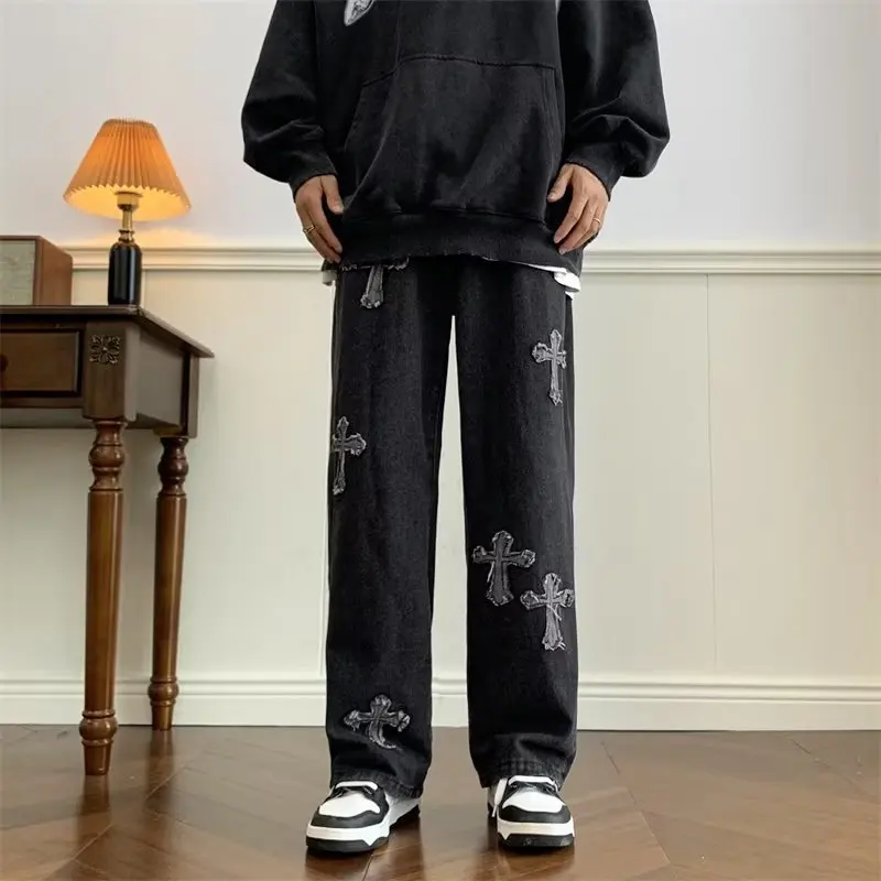 Men Streetwear Baggy Jeans Cross Hip Hop Mens Black Loose Pants Women Oversized Boyfriend Denim