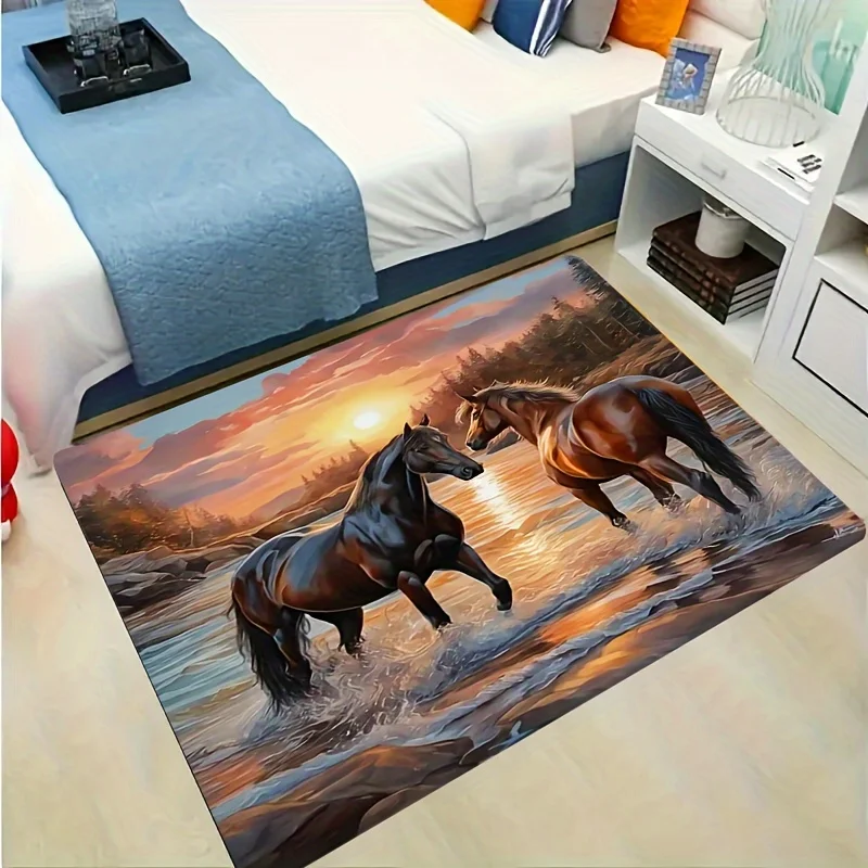 Фото Фланелевый коврик Horse Sunset для гостиной и спальни, нескользящий, мягкий, для домашнего декора №5