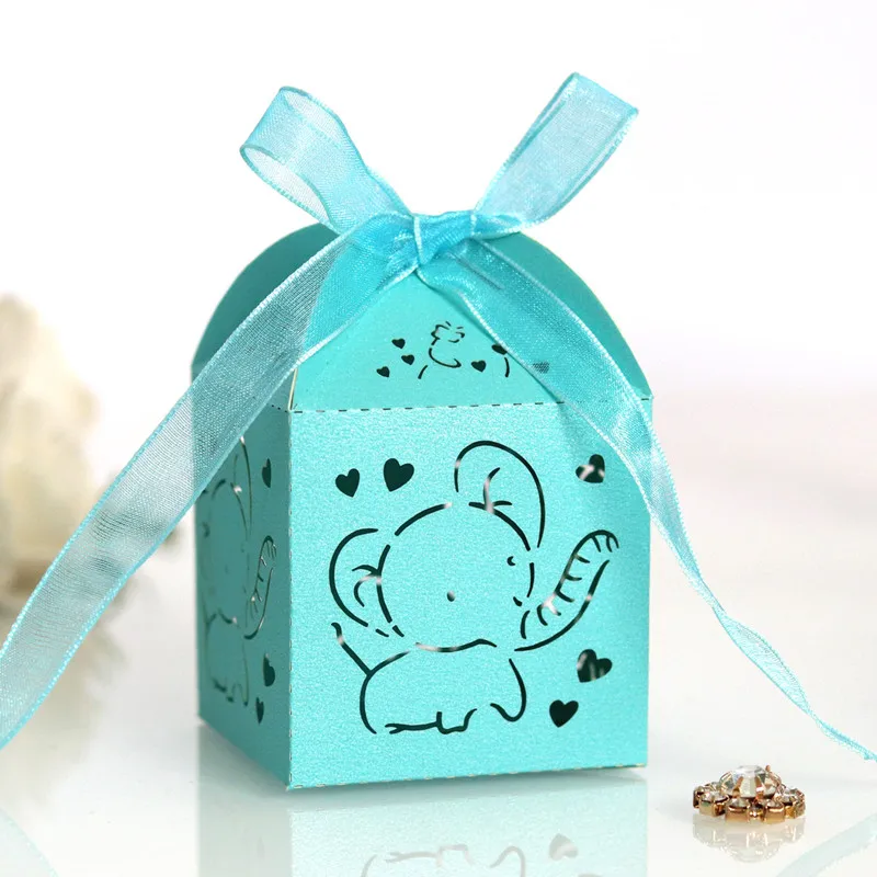 

50Pcs Elephant Laser Cut Carriage Favors Box Gifts Candy Boxes Packaging with Ribbon Baby Shower Wedding Birthday Party Supplies