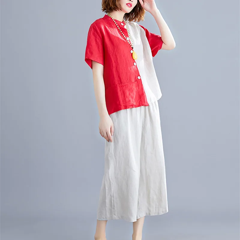 

Cotton Linen Fashion Suit Women's Summer Stitching Single-breasted Top + Elastic Waist Seven-point Wide-leg Pants Two-piece Set