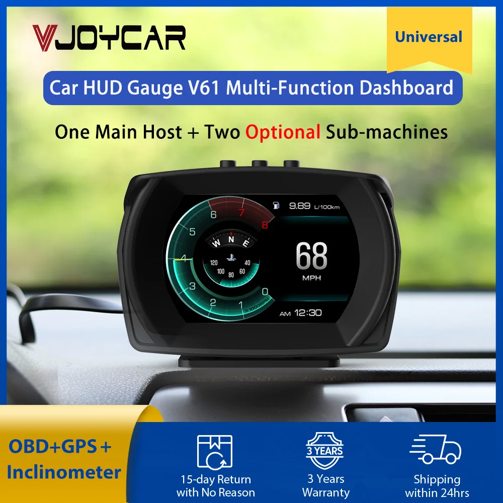 Vjoycar V61 araba HUD çok fonksiyonlu Dashboard kafa Up ekran OBD2 + GPS + İnklinometre ölçer akıllı hız göstergesi sıcaklık. Turbo Boost