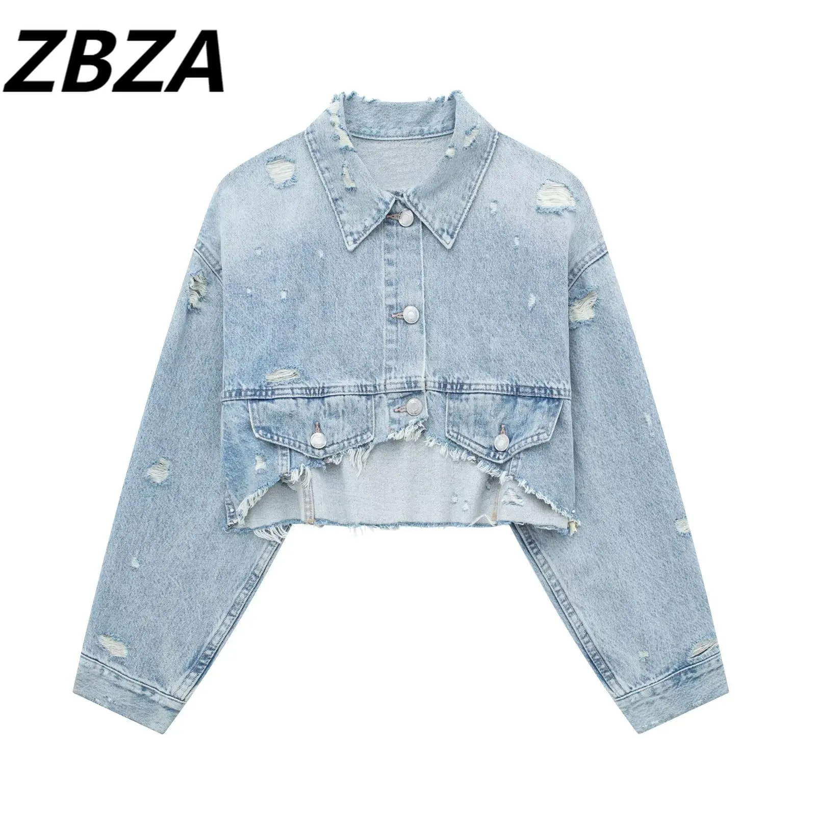 

ZBZA Women 2023 New Fashion Loose Short Jean Jacket Coat Vintage Long Sleeve Button Female Outerwear Chic Overshirt