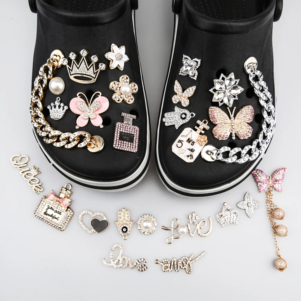 Bling Metal Croc Shoe Charms Women Butterfly Queen Crown Shoe Decorations Girl Flower Rhinestone Chains Wristband Accessories