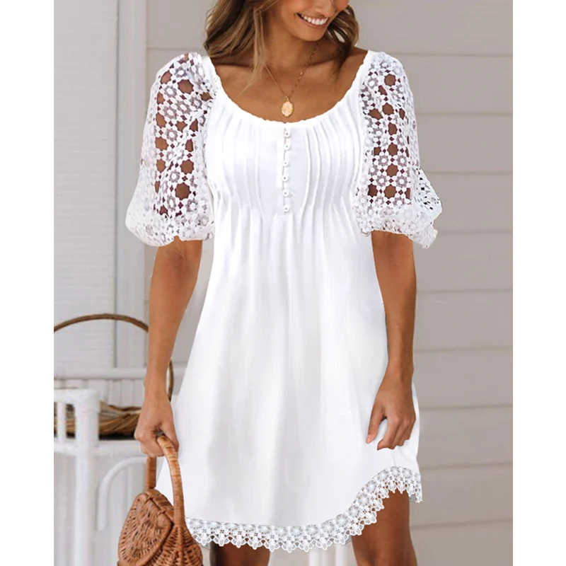 

Женское элегантное модное кружевное платье с пышными рукавами, повседневное свободное женское платье с О-образным вырезом, корсет на пугов...