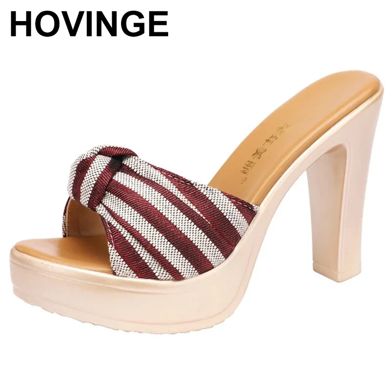 

Open Toe Bow Stripe Slides Women Shoes Sumer 2023 High Heels Slippers Ladies Office Beach Slippers Big Size 32-43