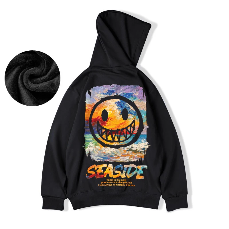 

Men seaside Smiley Print Hoodies Casual Streetwear Hooded Sweatshirts Loose Pullovers Tracksuit Couples Oversize Hip Hop Hoodie