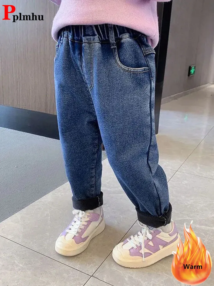 

Casual Velvet Lined Girls Jeans Pants Winter New Baggy Plush Kids Vaqueros Pantalones Warm Thick Cute Print Children Denim Calca