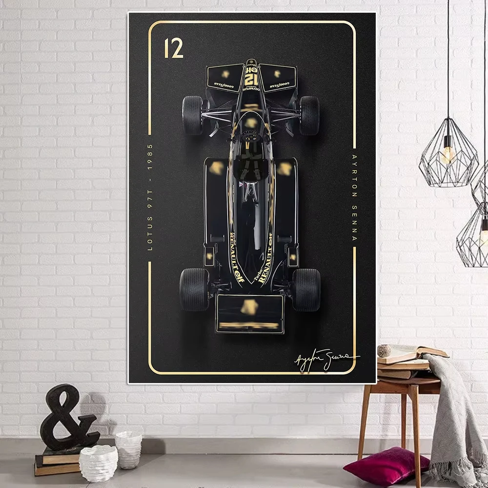 Обычный курс noire et dorée imprimée peinture sur toile de voiture course Senna gagnant du Grand Prix deco