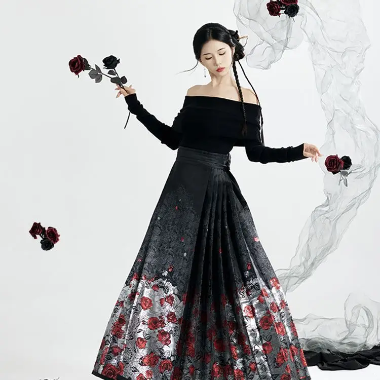 Юбка с изображением лошади плетеная золотая нить вышивка роза цветок ханьфу 2024