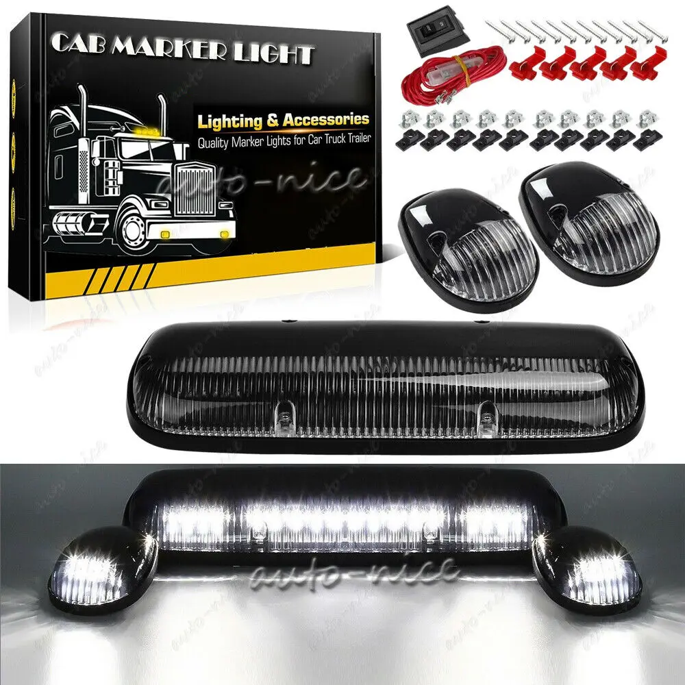 

White Led Smoke Lens Cab Roof Marker Lights Kit + Wire For Chevy Gmc 2002-2007