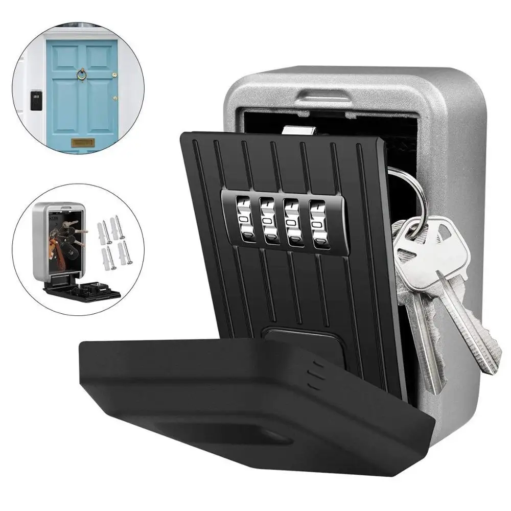 

Wall Mounted Key Safe Box Mini Storage Keybox Key Storage Lock Box with 4 Digit Combination Waterproof Cover for Outdoor Use