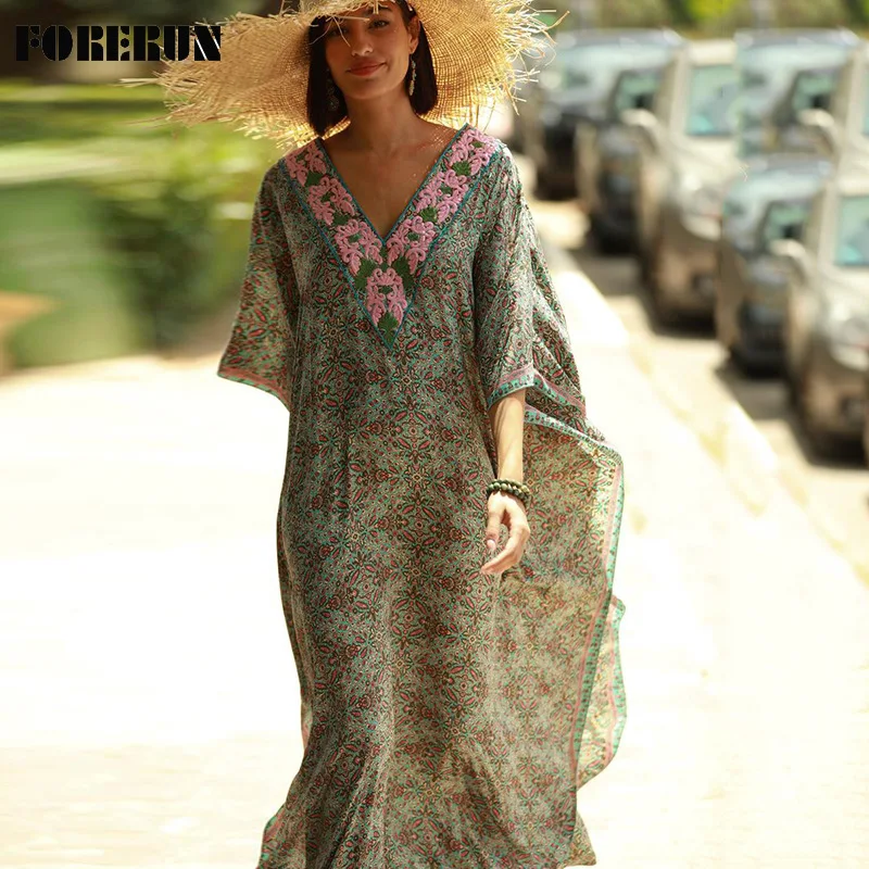 

FORERUN Beach Cover Up for Women Floral V Neck Loose Vintage Long Kaftan Dress Tunic Bathing Suit Vestido De Playa Mujer