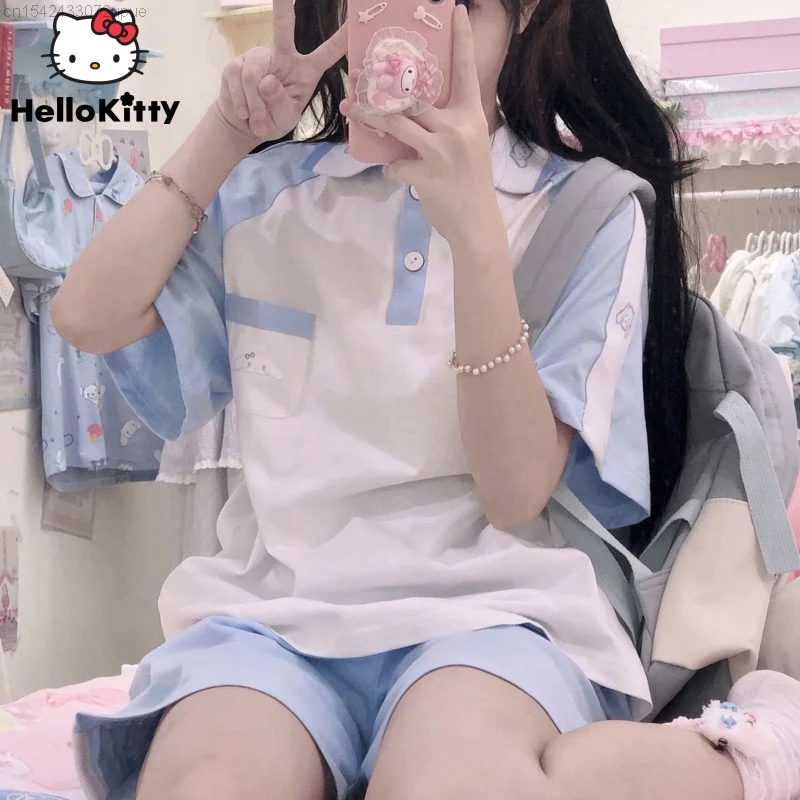 Sanrio Clothes Original Design College Style Cinnamoroll Sports Suit Women 2 Piece Set Polo Collar Top T-shirts Loose Shorts Y2k