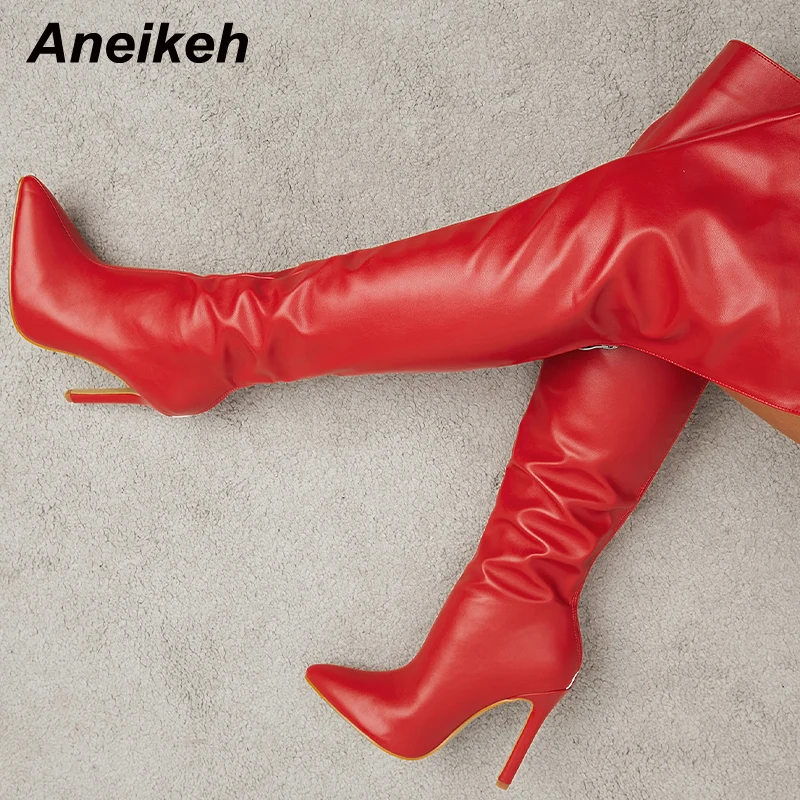 

Aneikeh 2024 новая длинная обувь для женщин выше колена пикантные с острым носком на тонком высоком каблуке однотонные современные ботинки из ПУ Bottine Femme Talon
