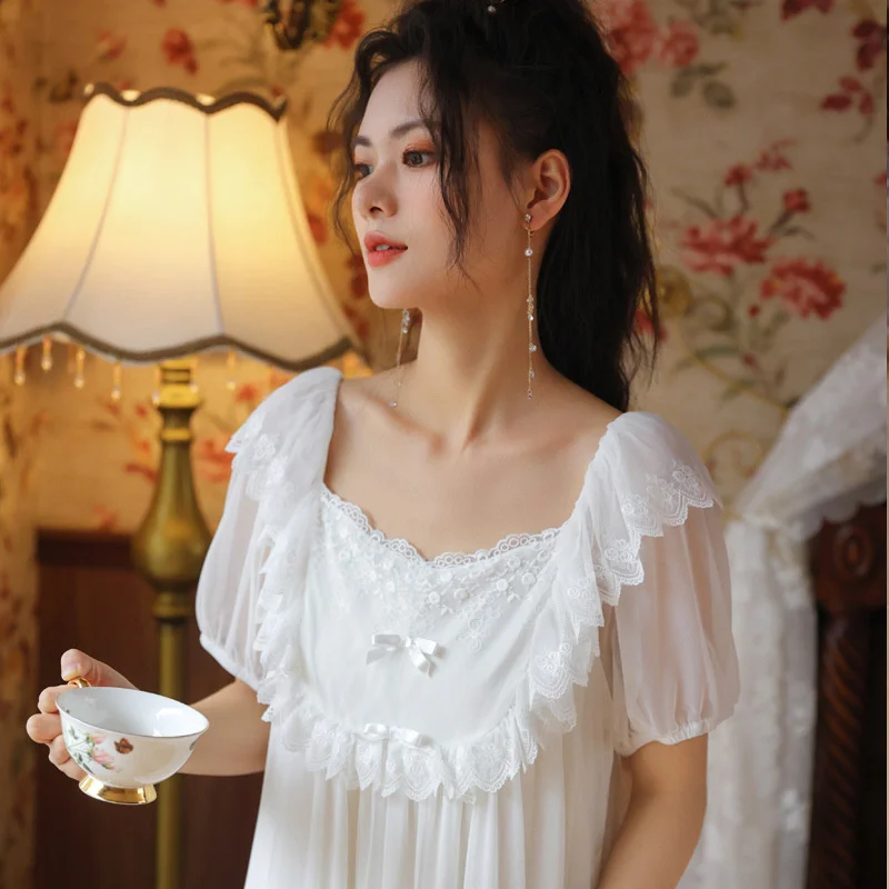 Summer Night Dress Women Cotton Mesh Short Sleeve Pink Vintage Nightwear Long Nightgowns Peignoir Victorian Princess Sleepwear