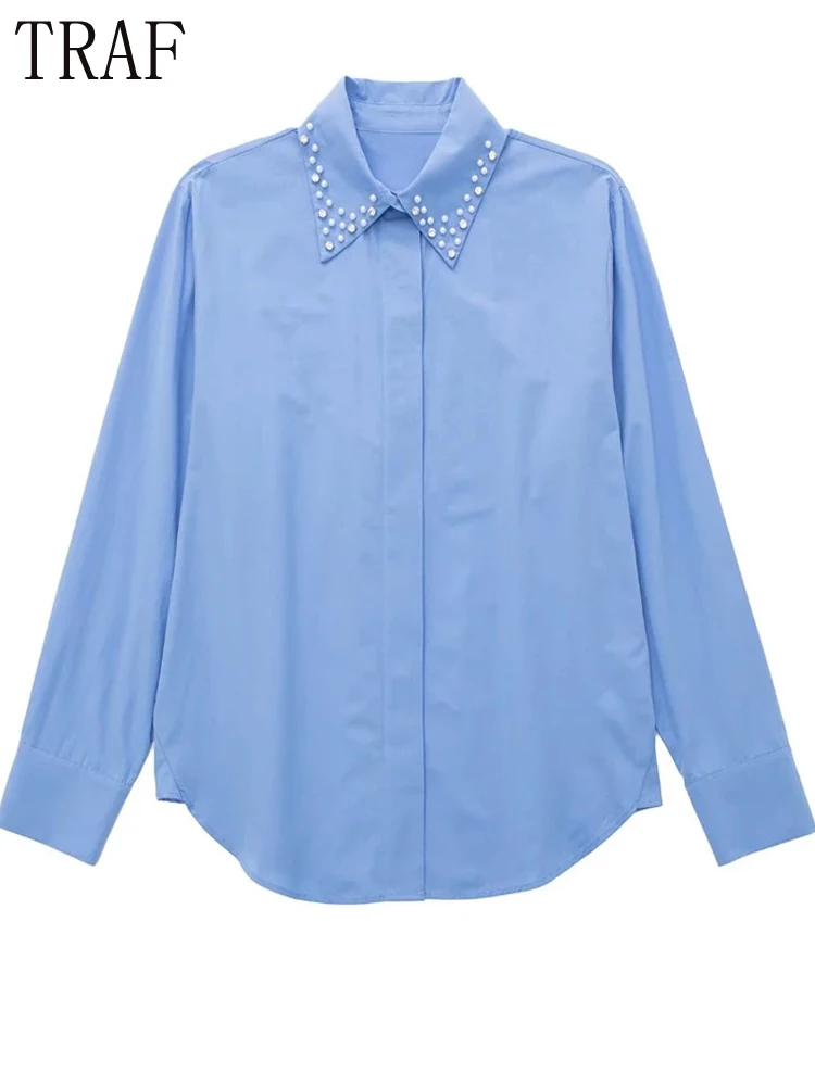 

TRAF Zar 2022 Blue Shirts Woman Spring Button Up Shirt Women Faux Bejewelled Long Sleeve Top Female Collared Casual Baggy Tops