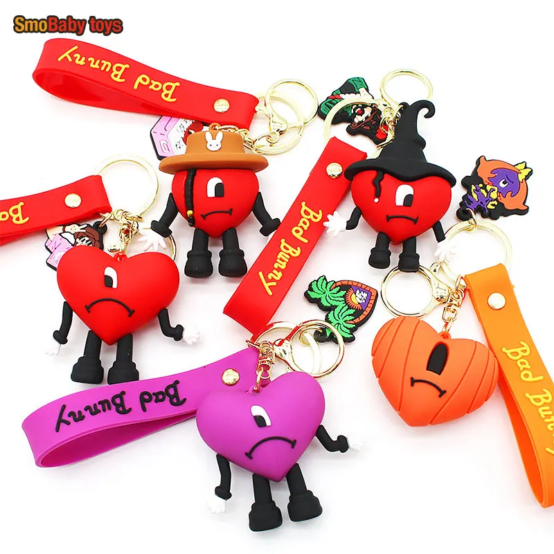 

3D Cute Bad Bunny Heart Keychain Keyring For Women Men Rubber Car Keychain Keyfob Trinket Bag Pendant Accessories