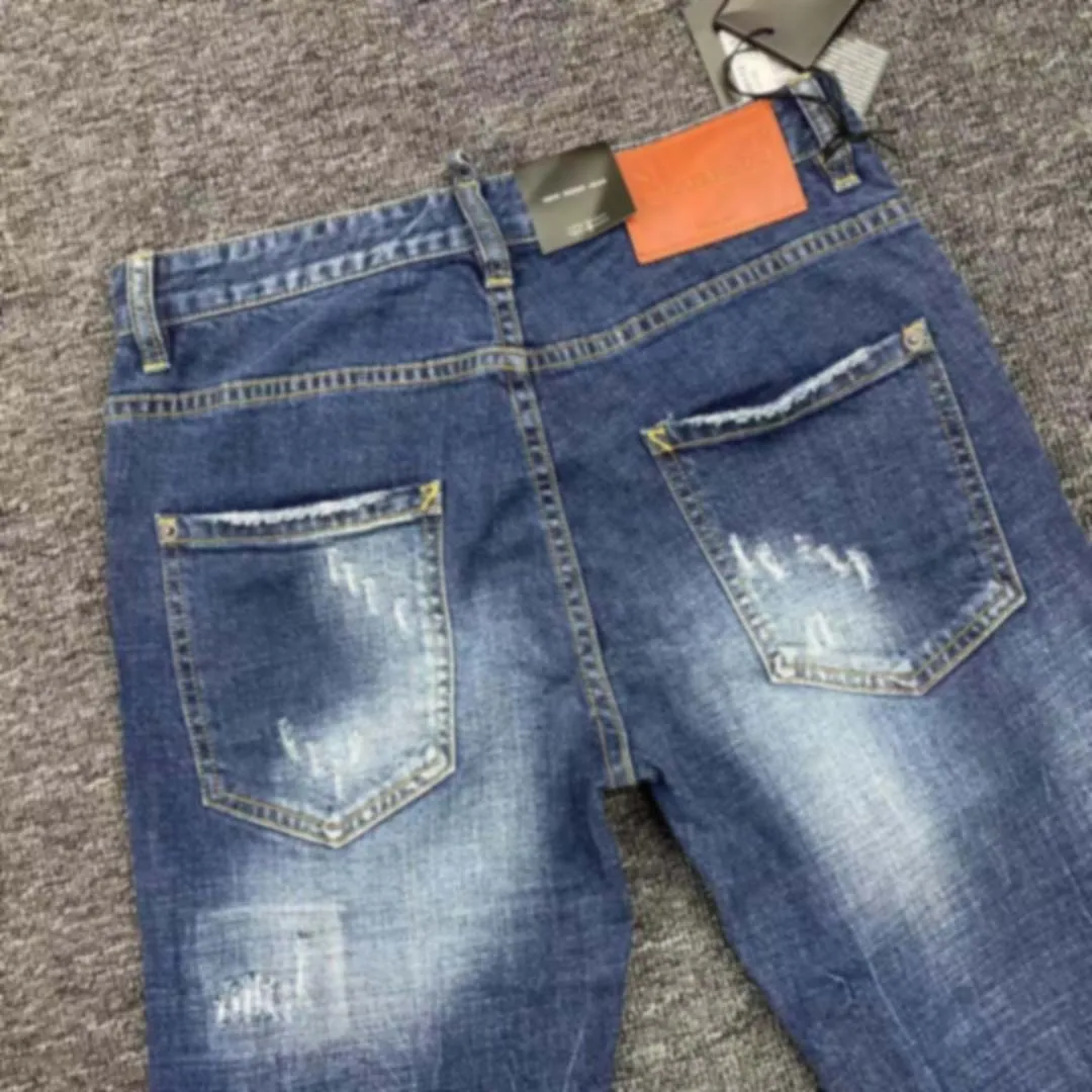 2023 Spring/Summer New D2 Jeans Trendy Men's Splice 3D Cut Hole Hot Diamond Wash Hole Patch Elastic Feet Pants