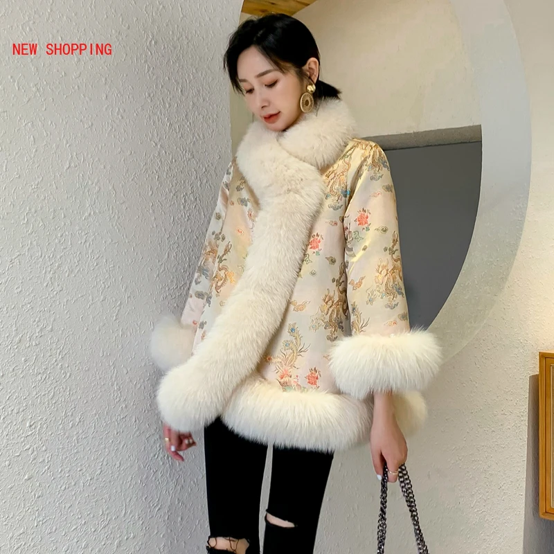 Thick Warm Winter Jacket Women Female Luxurious Dragon Print Embroidery Elegant Cloak Bead Overcoats Elegant Faux Fox Fur Coat