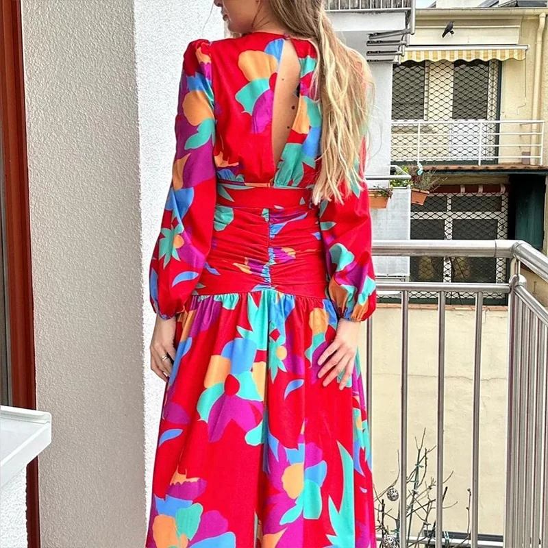 

Sexy V Neck Long Sleeve Belt Maxi Dresses Elegant Women Retro Print Long Dress Ladies Fashion Irregular Ruffle Split Party Dress