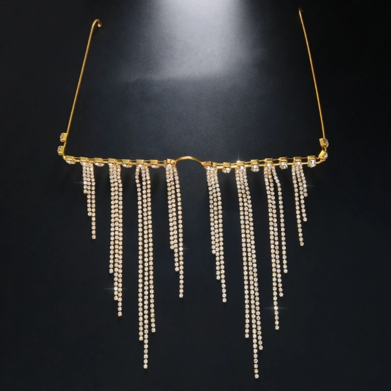 

4XBE Tassel Eyeglasses Half-Frame Eyewear Women Crystal Face Chain Jewelry