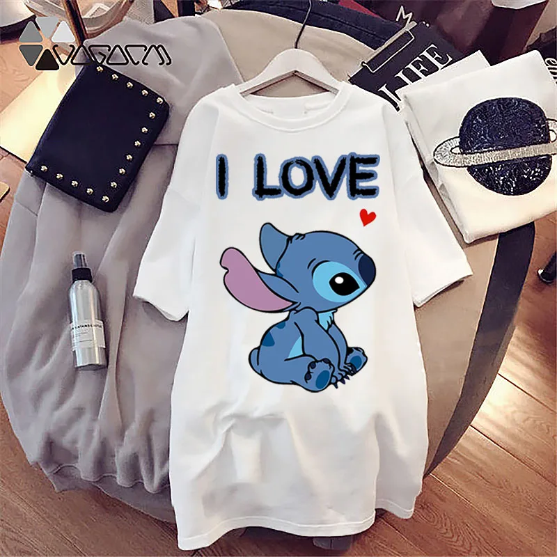 

Stitch Women Spring T-Shirt 2022 Disney Cartoon Letter Print Short Sleeve Long T-Shirts Casual Loose Harajuku Female Top Kawaii
