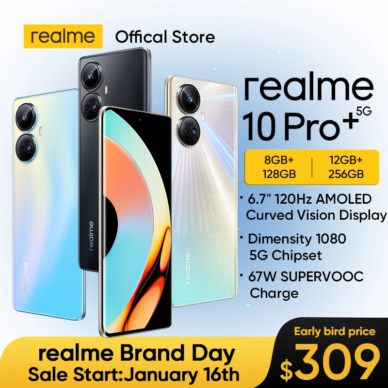  realme 10 Pro Plus Smartphone Dimensity 1080 5G Processor 6.7"120Hz AMOLED Curved Vision Display 108MP Camera 67W Charge 5000mAh 