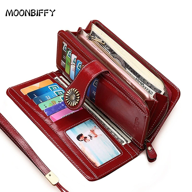 

Nova Retro Ladies Leather Wallet Long Ladies Luxury Oil Wax Leather Ladies Wallet Coin Purse Wallets Purses Mobile Phone Bag