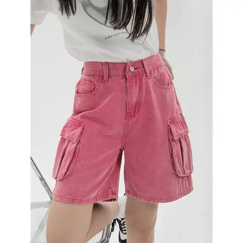 Pink Woman Shorts Jeans High Waist Denim Shorts Baggy Street Cargo Style Design Y2K Vintage Wide Leg Straight Summer Jean Shorts