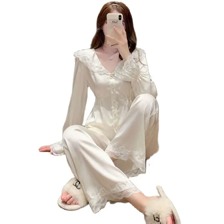 Luxury Lace French Court Style Temperament Long-sleeved Housewear Two-piece Women's Autumn New Pijamas Set Sleepwear Sleep Tops