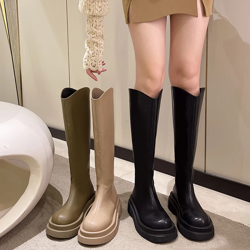 

Med Heel Boots Female Shoes Zipper Round Toe Boots-Women Mid Calf Black Ladies Over-the-Knee Autumn Flat Lolita 2022 Fabric Soli