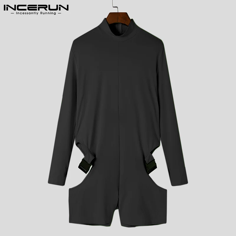INCERUN New Men's Fashion Casual Style All-match Jumpsuits Stylish Male Solid Hollow Out Long Sleeve High Collar Bodysuits S-5XL