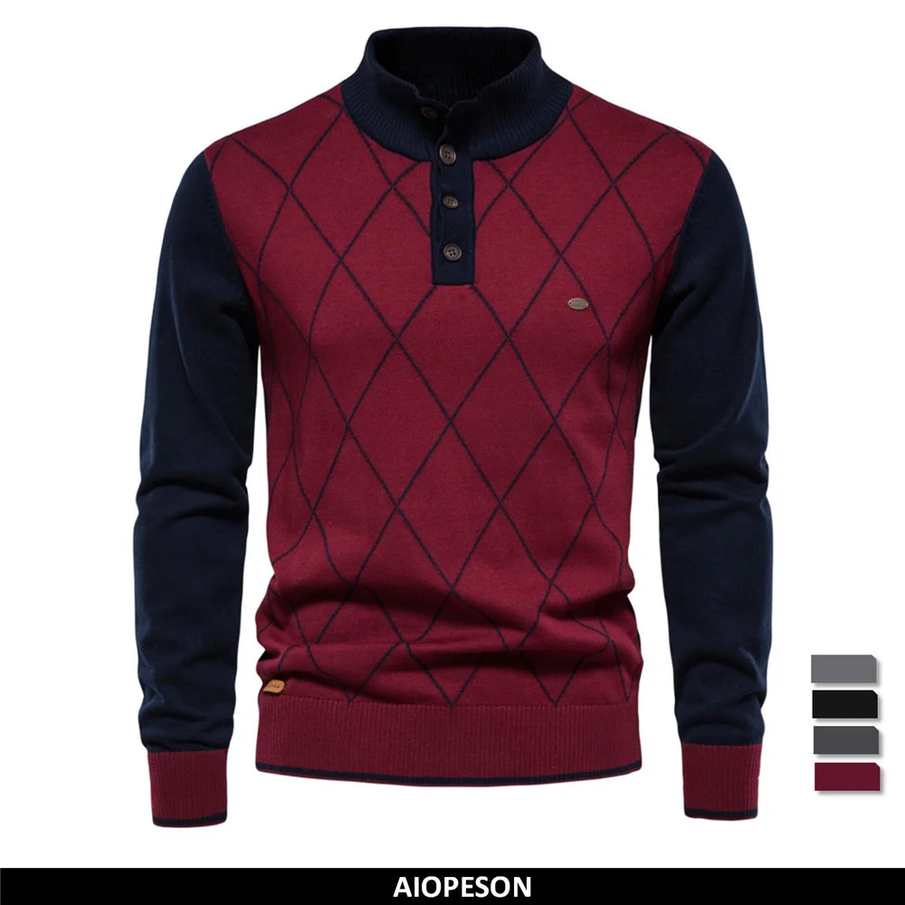

Argyle Men Sweater Henley Collar Casual Patchwork High Quality Pullover Male New Winter Fashion Knitted Sweater for Men