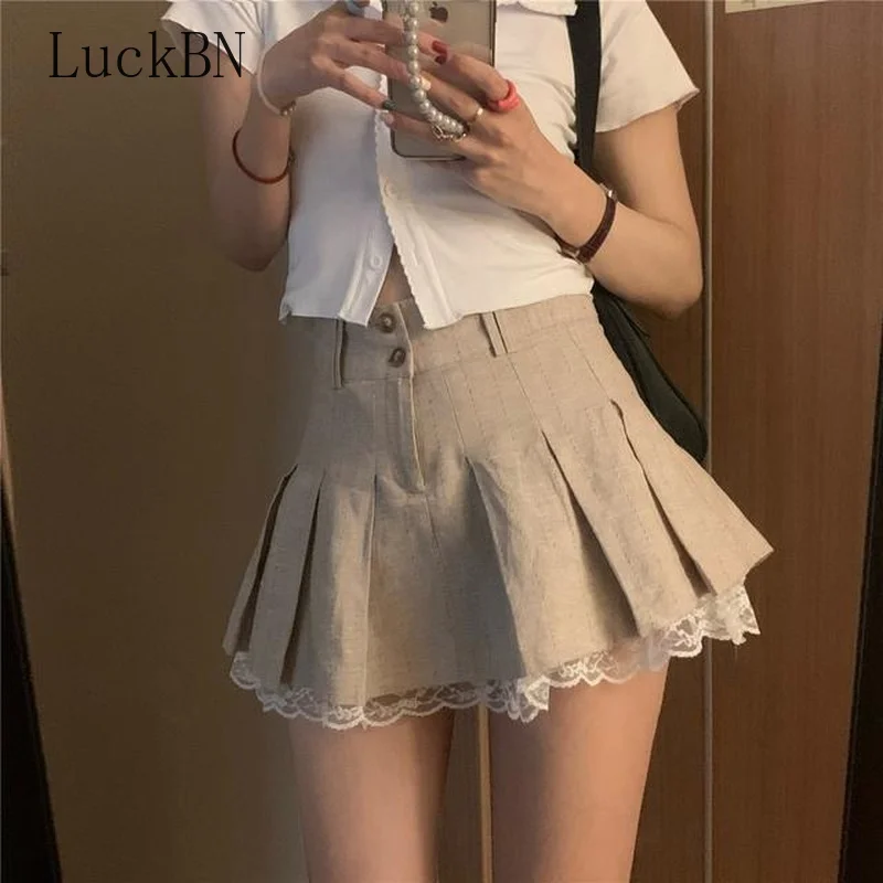 

Korean Fashion Khaki Short Skirt Lace Trim Cute Pleated Skirts Womens Clothing Preppy Style Button Up High Waist Summer Skirt