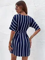 2023 Summer Dresses for Women Casual Long Women's Striped Print Wrap V Neck Short Sleeve A Daytime Dresses Women Casual 4