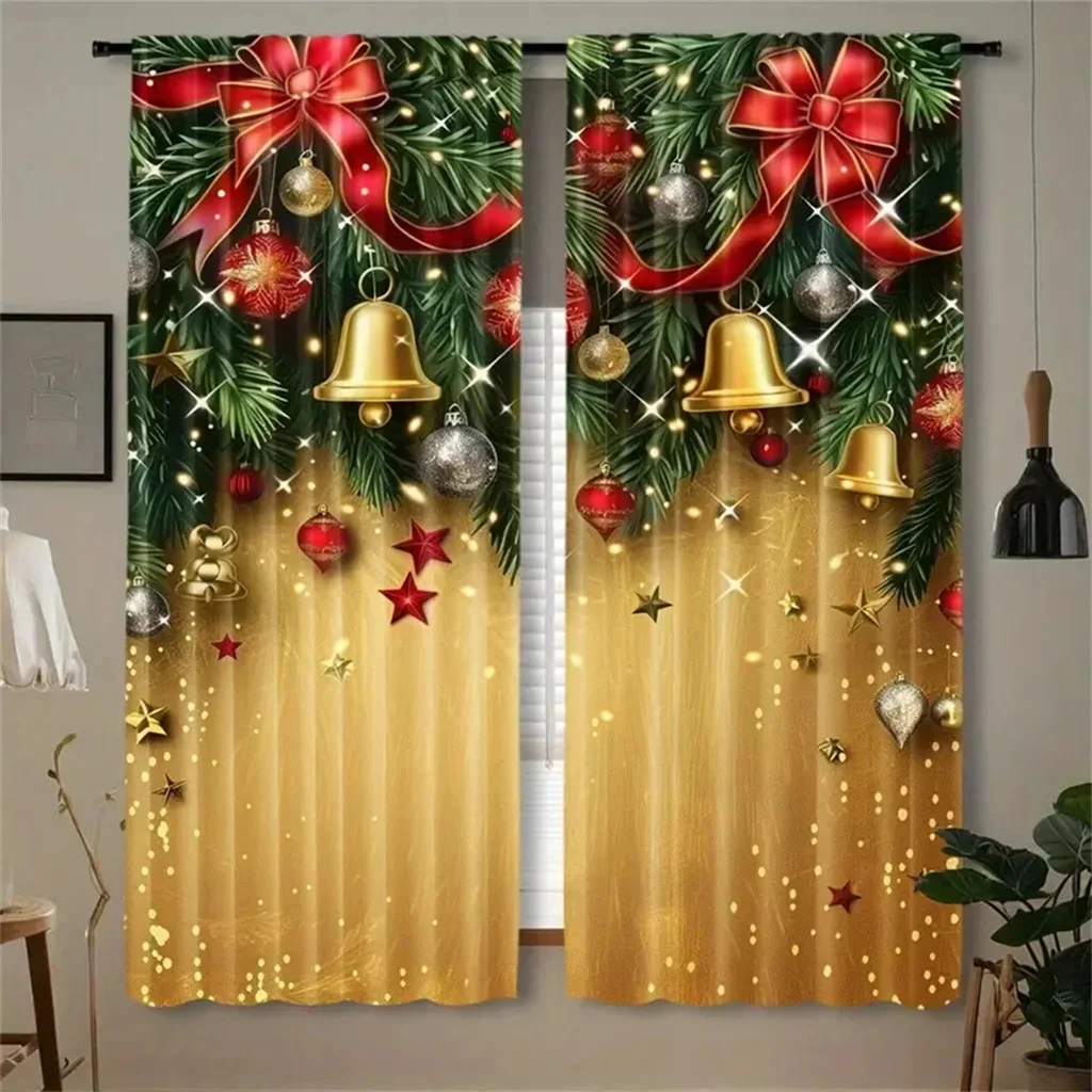 Christmas Golden Curtains Pine Branch Bell Decor Living Room Bedroom Window Drapes Holiday Atmosphere 2 Panels Xmas Curtain