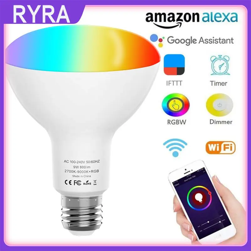 

Умная Светодиодная лампа E27/E26/B22 с Wi-Fi, энергосберегающая Регулируемая лампа с регулировкой яркости RGBCW, разноцветная лампа с регулировкой яркости 9 Вт, лампа с поддержкой Google Home, 85-265 в