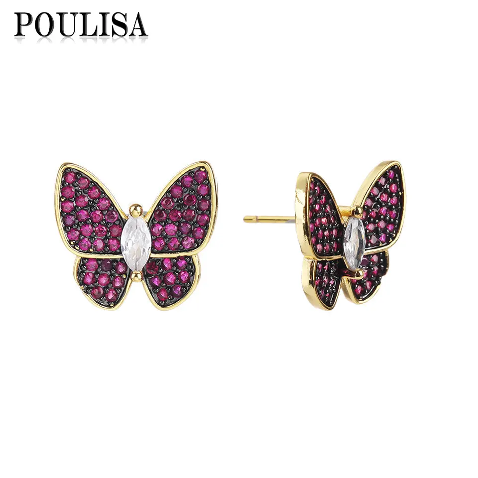 

Милые серьги-гвоздики Poulisa с красным кубическим цирконием и бабочкой для женщин, подарок, Классические позолоченные черные серьги, модные ю...