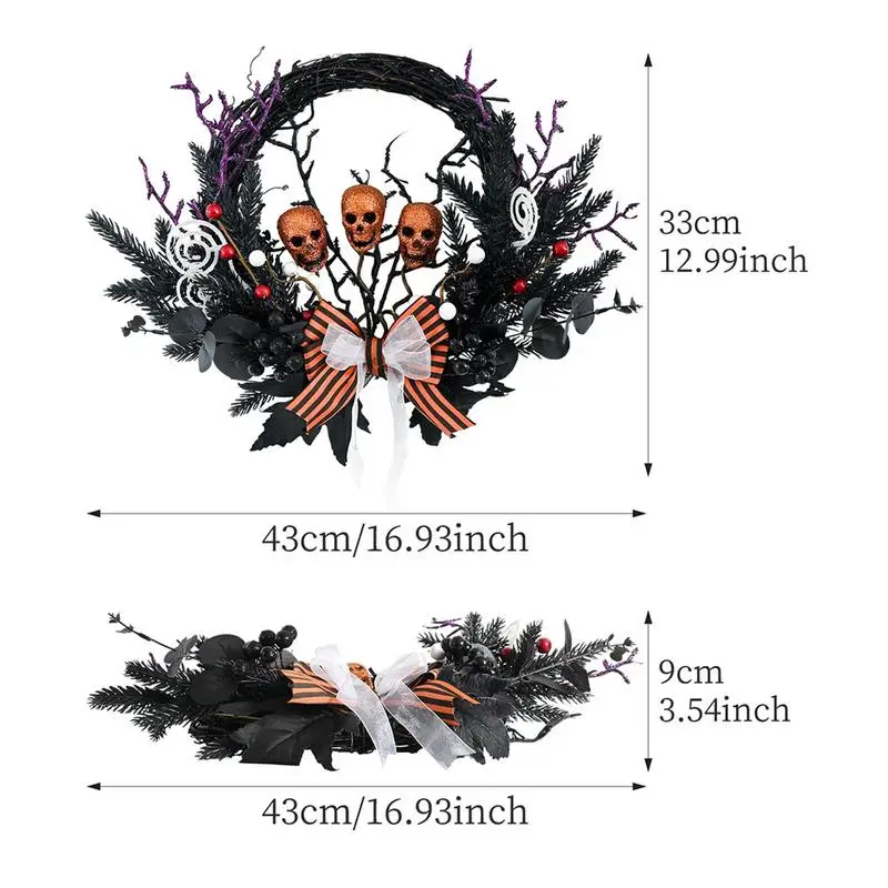 Венок на Хэллоуин венок переднюю дверь с черепом бантом и черные ветки