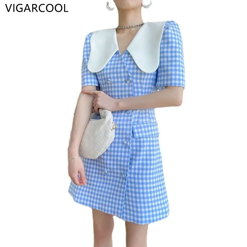New French Vintage Fashion Plaid Dress Women's Summer High End Elegance Temperament Slim Fit Double Breasted Short Sleeve Dress